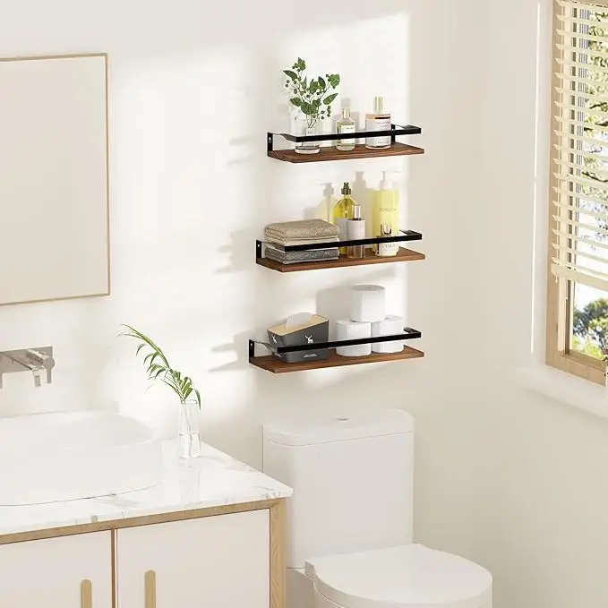 Floating Shelves with Metal Frame Wall Shelf Rustic Wooden Bathroom Shelf Over Toilet