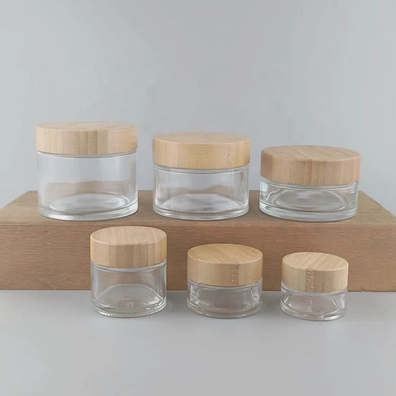 clear glass bottle 20 ml 30 ml 50 ml 150 ml 200 ml face cream jar transparent glass jar with bamboo lid and spoon