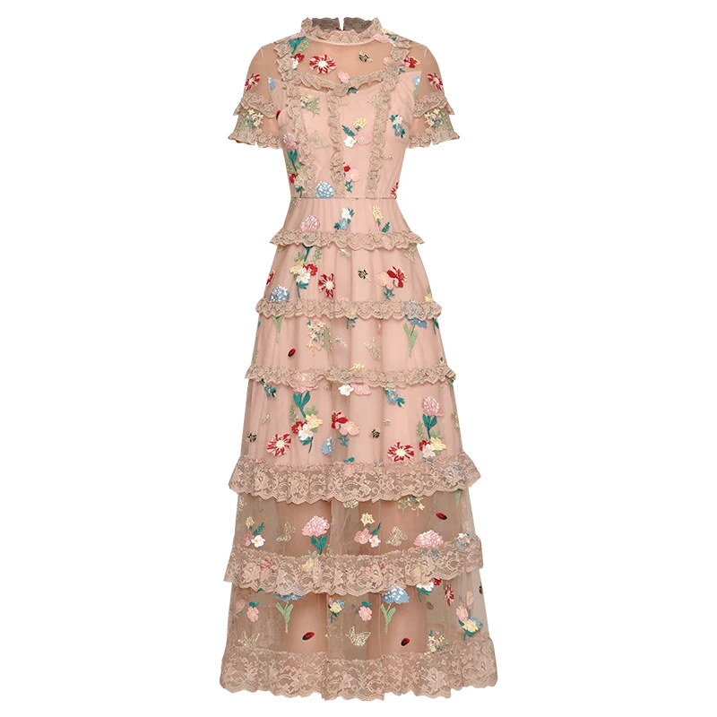 
2021 Spring Summer Stand Up Collar Short Sleeved Perspective Gauze Heavy Industry Lace Long Embroidery Dress 