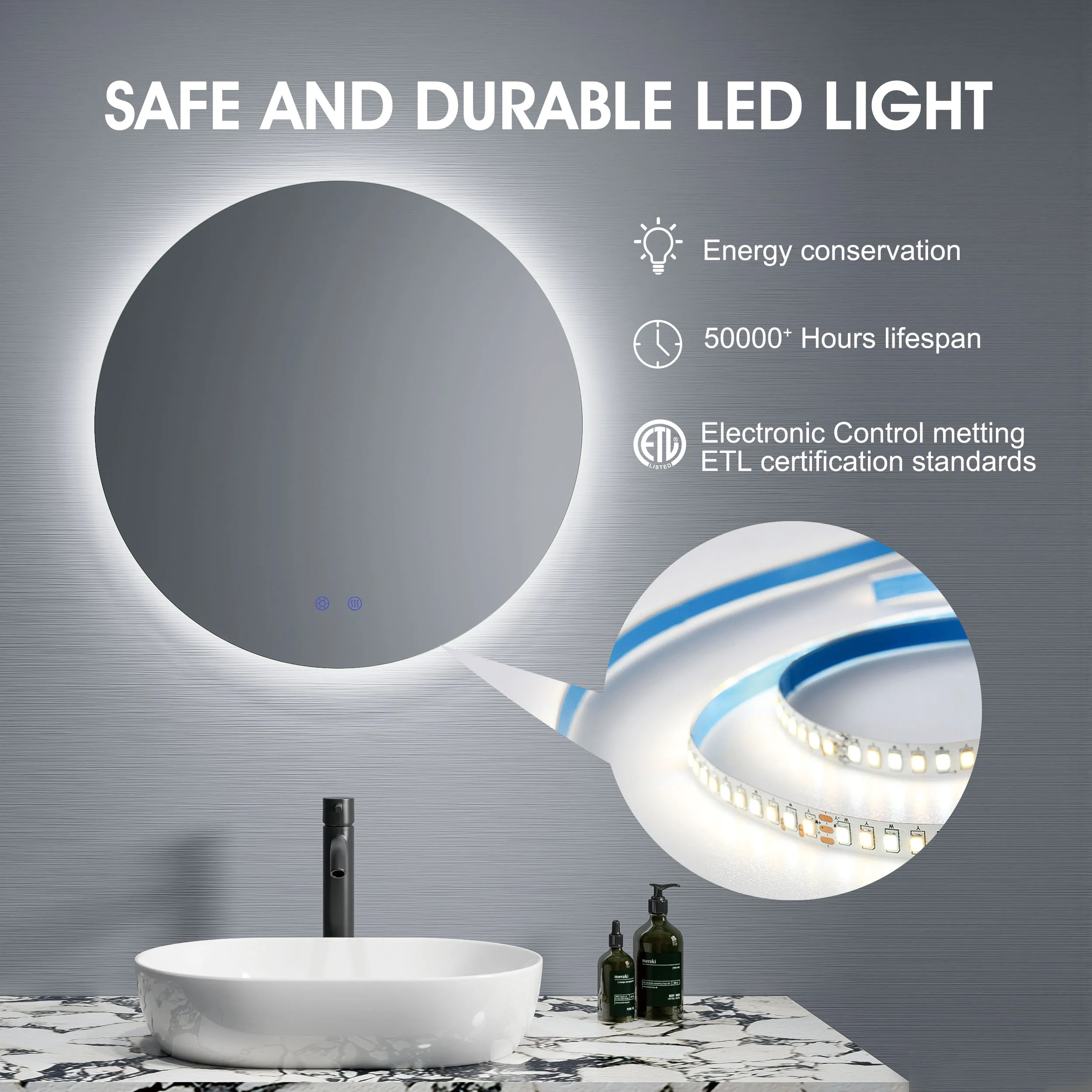Stepless Dimmable Anti Fog 60cm Backlit Silver Smart Lighted Vanity With Lights Modern Round Led Round Bathroom Mirror 24 Inch