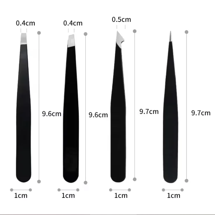 Beauty Customized 4pcs Eyebrow Eyelash Tweezers Set  Black Pink Slanted Pointed Eyelash Eyebrow Tweezers Set with case