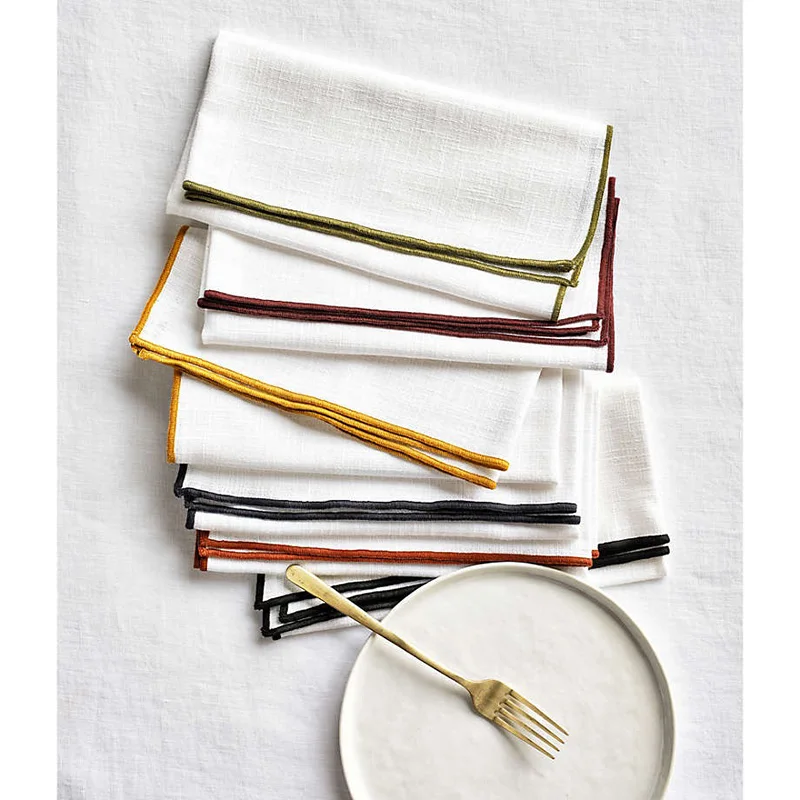 LY Fashion Custom Print Colored Trim Hand Rolled Edge White Handkerchief Bordered Contrast Edge Square Linen Napkins for Wedding