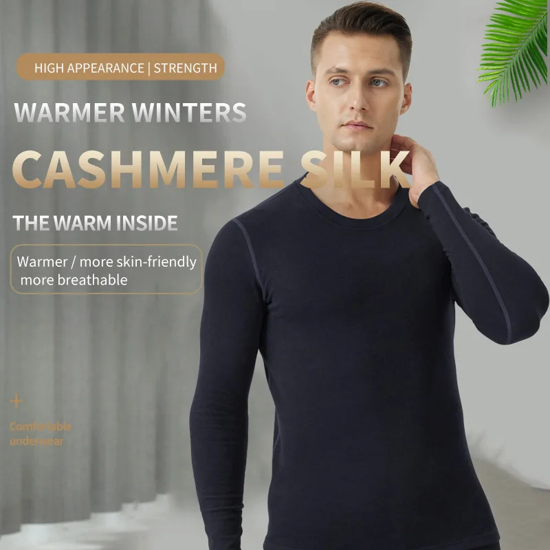 New design autumn winter cashmere silk clothes pants men round neck warm thermal underwear