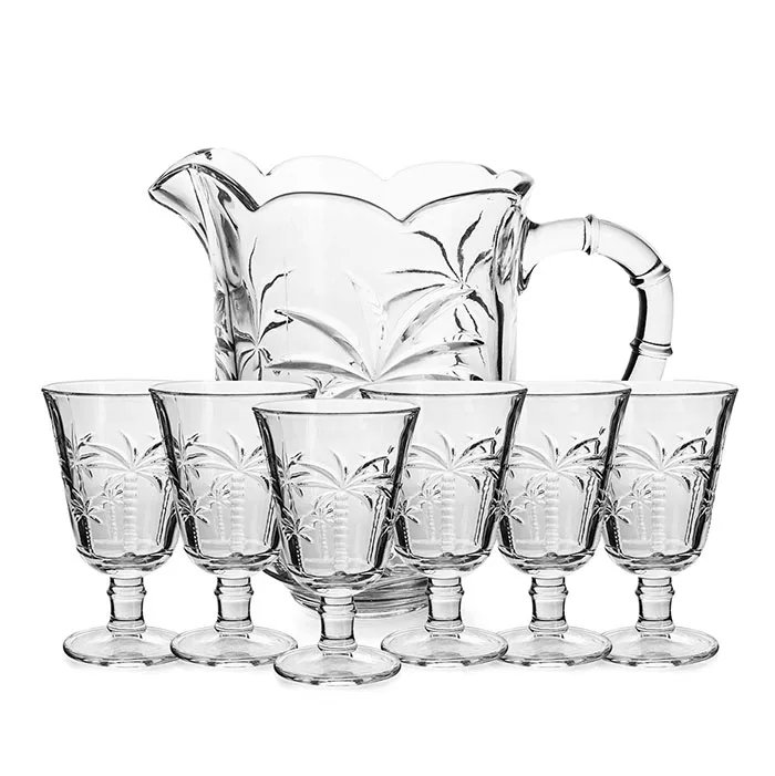 ABO transparent palm tree design water clear tumbler set glass jug and cup suit