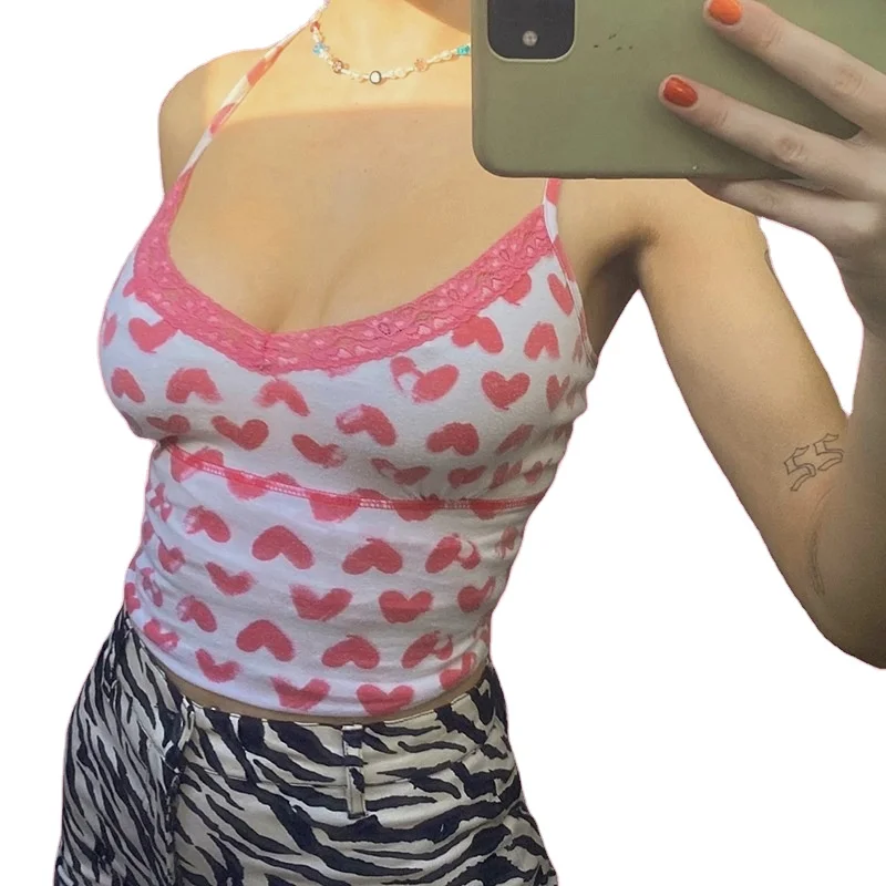 
2021 Wholesale Hot Style Spring Summer Outfit Spaghetti Strap Allover Heart Pattern Crop Top Camisole Tank Top Womens Camisole 