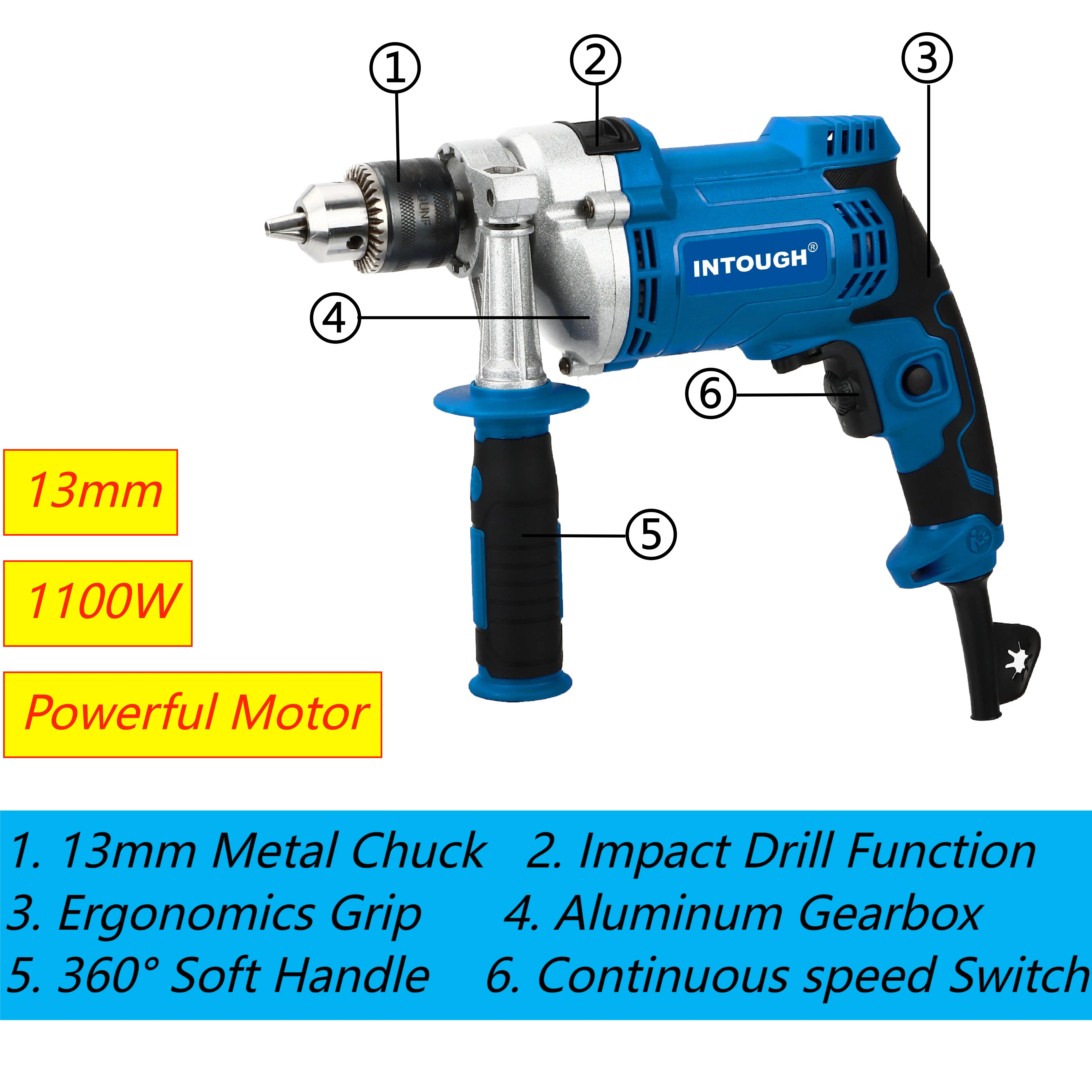 INTOUGH High Quality Professional Power Tool Sets 1100W 13mm Hammer Drills Electric Impact Drill