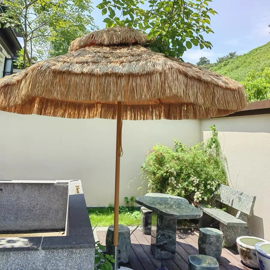 Outdoor simulated thatched umbrella beach center pillar courtyard sun straw parasols mushroom rainproof decorative umbrella