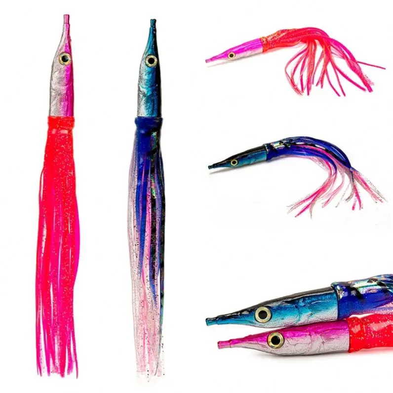 11inch fish like Head with Double Soft Plastic Octopus Skirt and 3D Life Like Eyes Saltwater Tuna Fishing Lure
