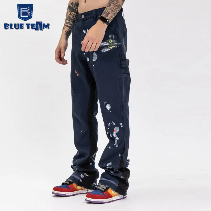Blue Team | Custom size logo patch work print jean mens baggy flare jeans loose denim pants graffiti herren-jeans manufacturers