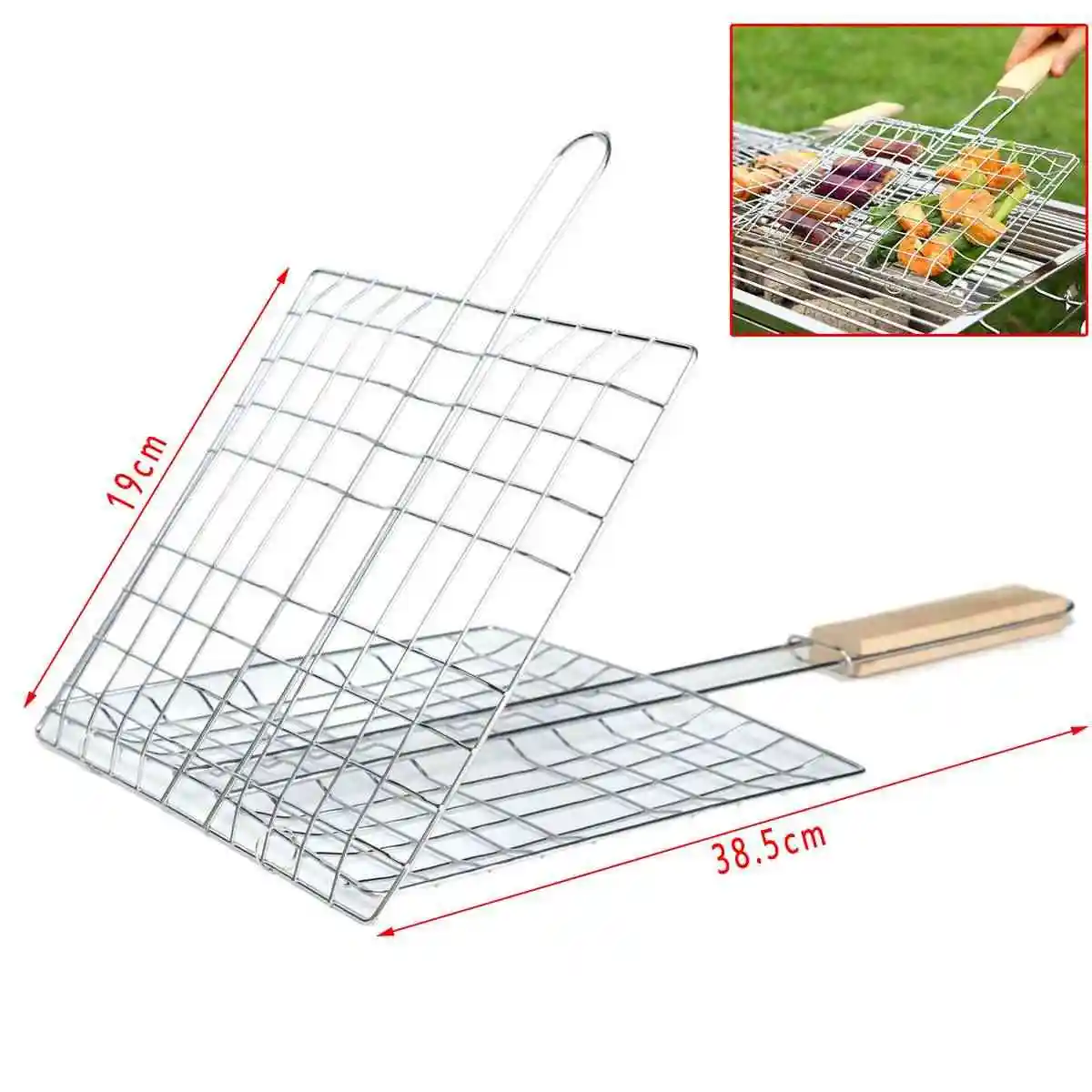 Wire BBQ Net Barbecue Grilling Basket BBQ Net Wooden Handle Meat Fish Clip Holder Durable Barbecue Supply Camp