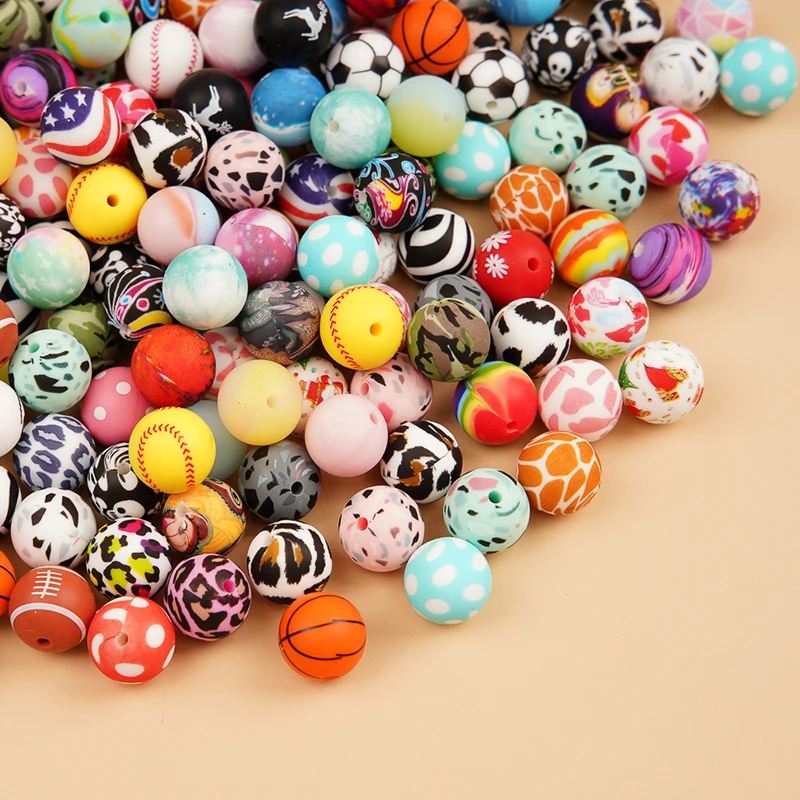 Popular Food Grade 12mm 15mm Leopard Print Chewing Silicone Focal Beads Silicone Printed Beads For Pen Making