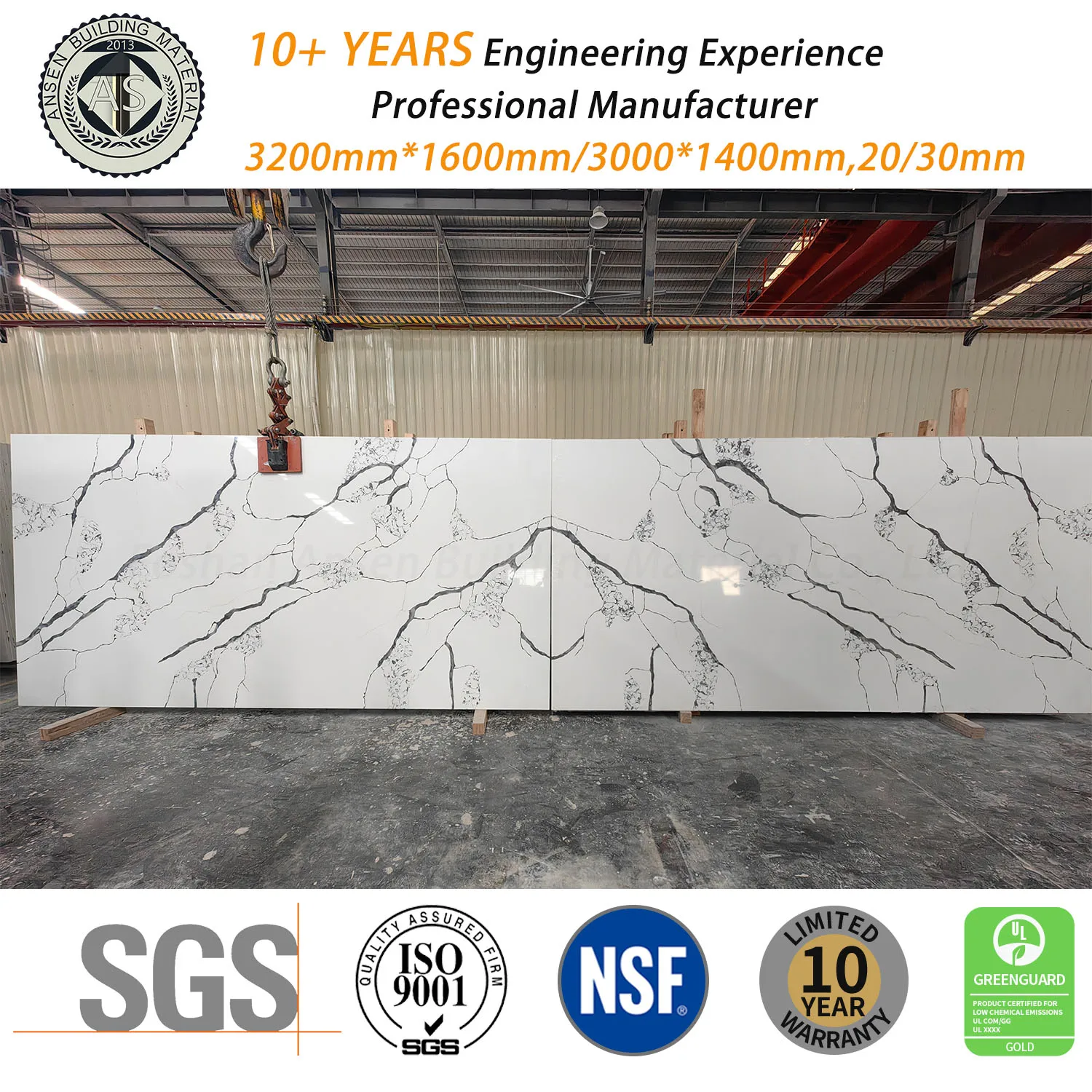 3200*1600 mm Calacatta Quartz Stone Wholesale 20mm 30mm Free Silicon Artificial Quartz Stone with CE NSF Certification