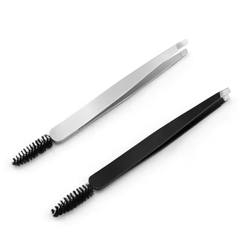 New Arrival Double Head 2 in 1 Slant Tip Hair Eyebrow Tweezers with Eyebrow Brush Stainless Steel Eyelashes Extension Tweezers