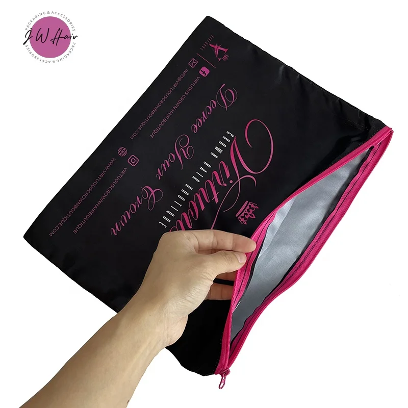 Hair Extensions Packaging Silk Zipper Bag Custom All Over Logo Printed Satin Zip Wig Storage Gift Bag