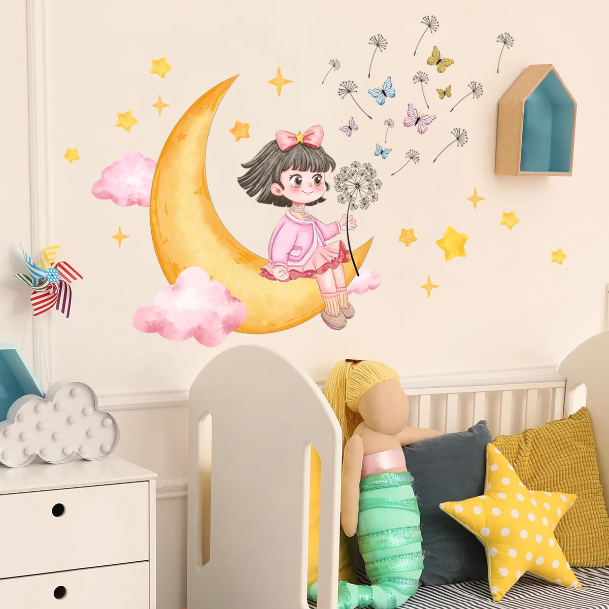 Living Room Wallpaper Home Decoration Butterflies Stars Wall Sticker Girl on the Moon Self-Adhesive Decal