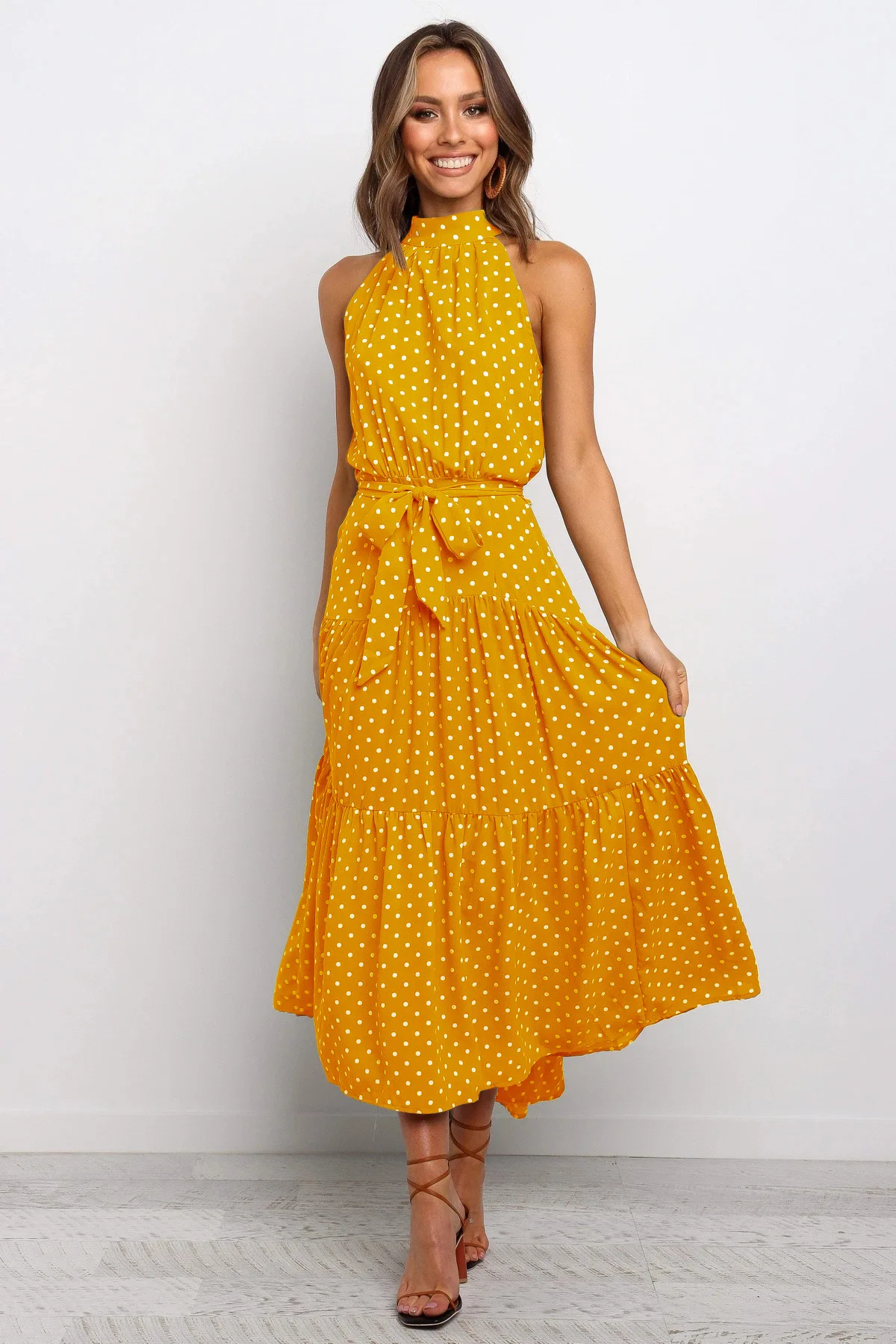 Summer Long Dress Polka Dot Casual Dresses Black Sexy Halter Strapless New 2022 Yellow Sundress Vacation Clothes For Women