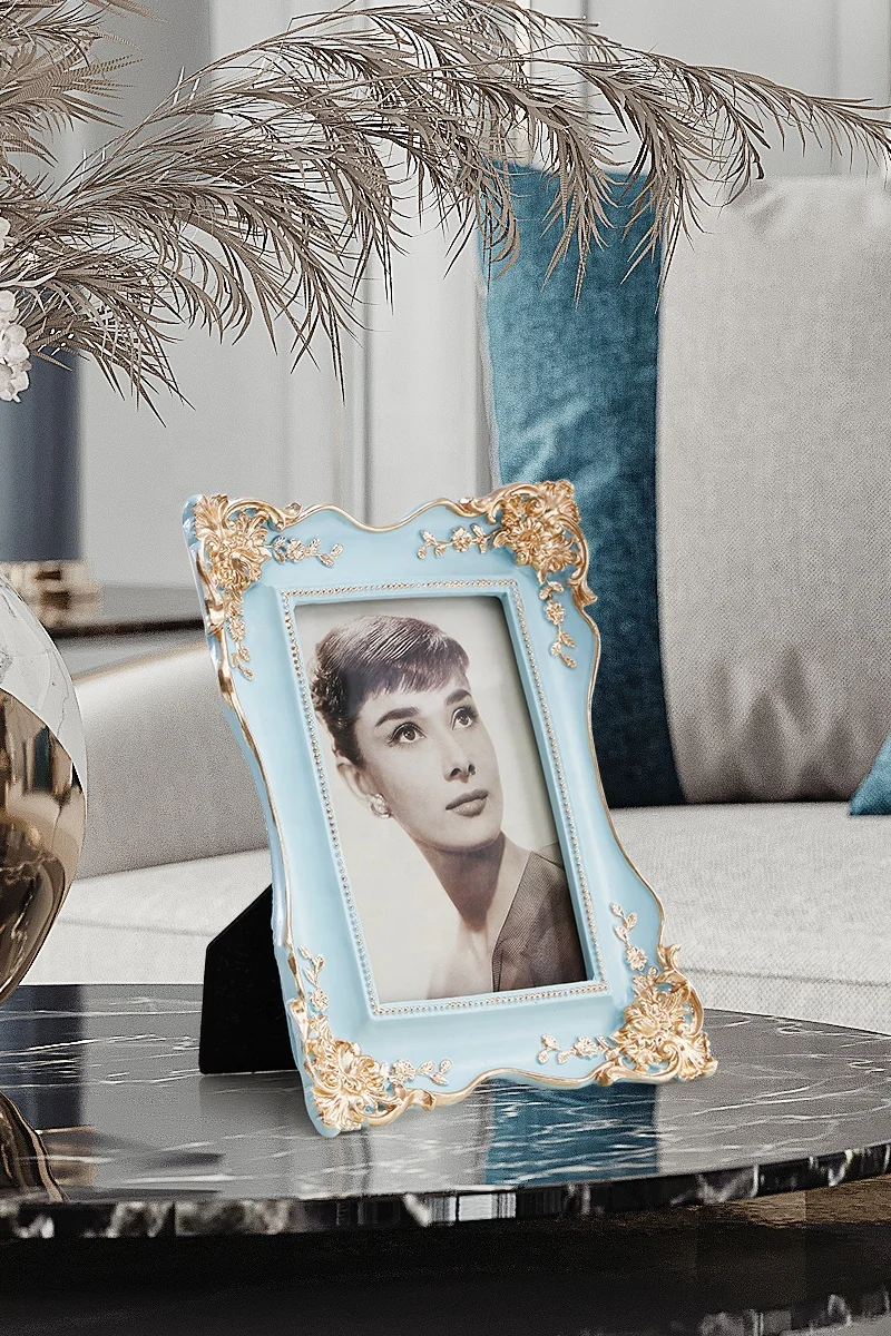Европейский стиль художественное ремесло инновационный стол дисплей Резьба Цветок синий золотой каучуковая фоторамка