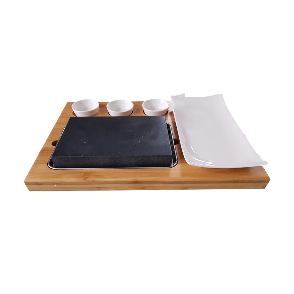 Set of 4 Bamboo Lava Stone Steak Boards with Sauce Bowl and Ceramic Plate,BBQ Stone Plate Steak Grill Plate
