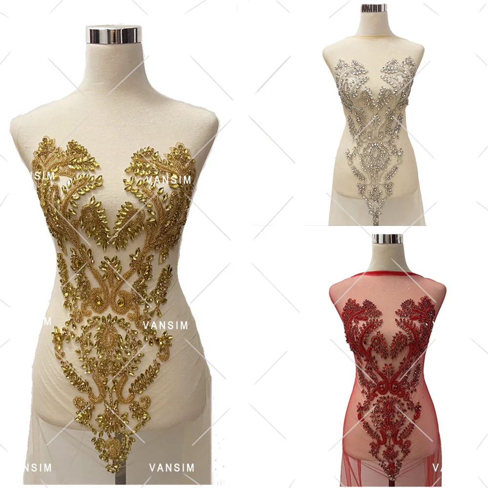 Wedding dress gold silver beaded plastic acrylic stone  bodice applique crystal patch for garment bridal dress