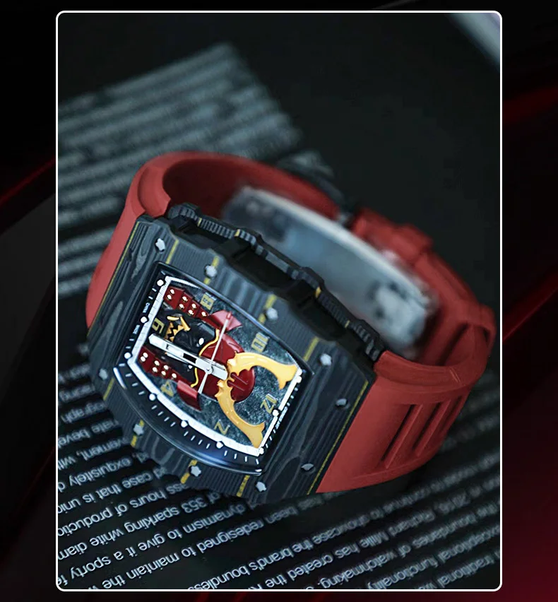 2024 high quality Warrior 42mm carbon fiber Tonneau Holiday Gifts skeleton automatic wrist mechanical mens watch wrist watch men