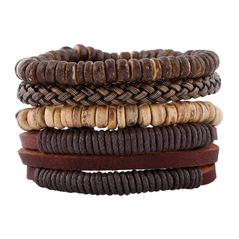 AMOR DIY  Braided Hemp rope Coconut shell MultiLayer  Adjustable leather Bracelet Gifts for Men Women
