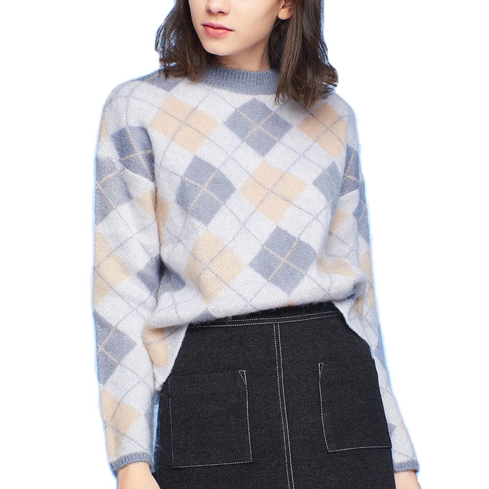 hot selling women fashion plaid knitted o neck women cashmere sweater