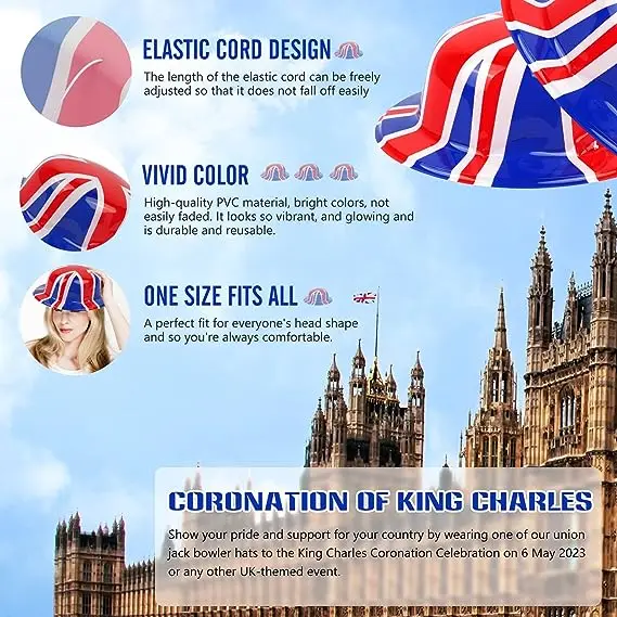 Union Jack Bowlers Hat British Flag Plastic Top Hats with Elastic Cord for Coronation of King Charles III Fade Resistant Bowler