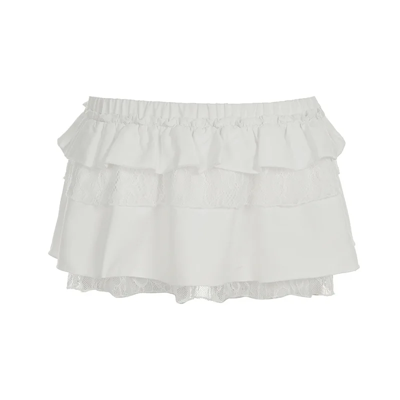 Sweet style low waist lace stitching elastic slimming multi-layer dress cute women mini pleated skirt