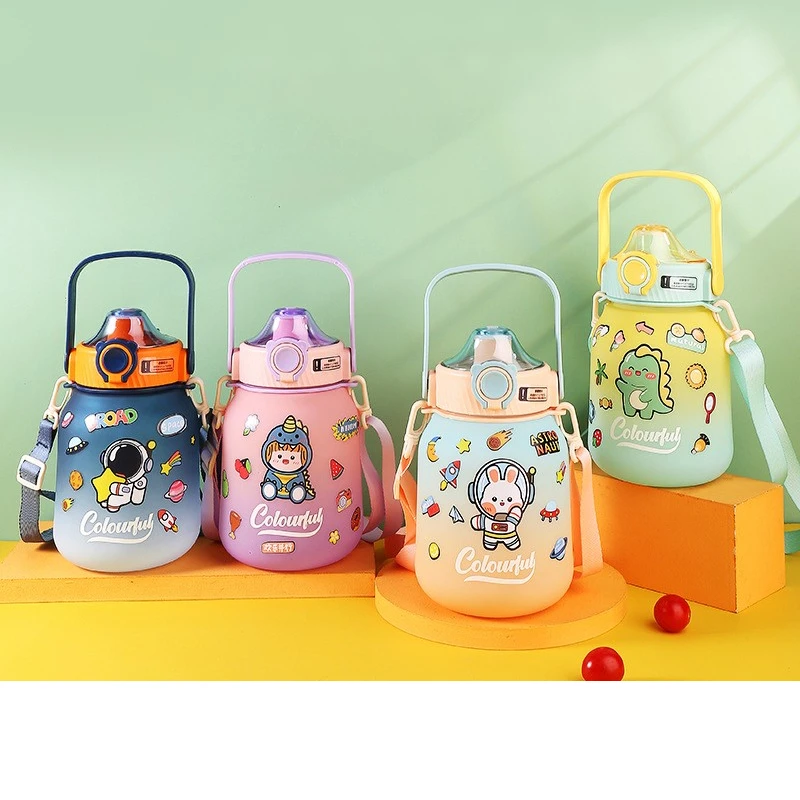 1100 1300ml Hot straw cute cartoon kids plastic water bottle with separation frosted student portable sports water bottles