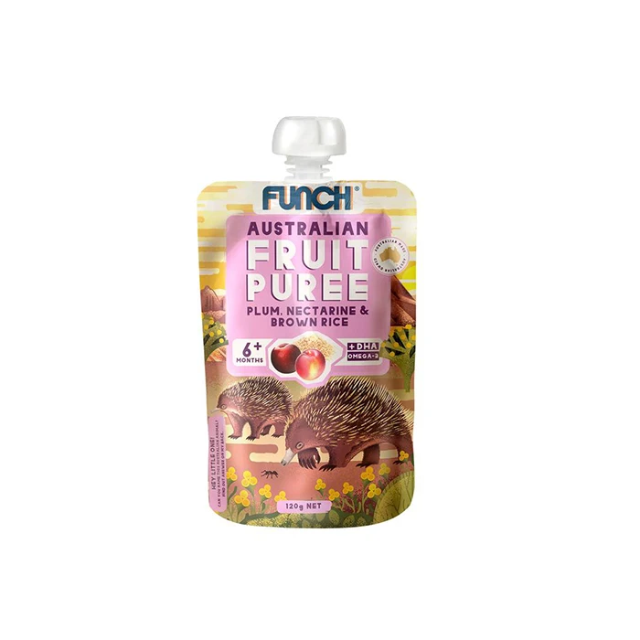 portable suction bag fruity fruit puree canned bag Ingredients Nectarine Plum Brown Rice  DHA 120  FUNCH Fruit Puree