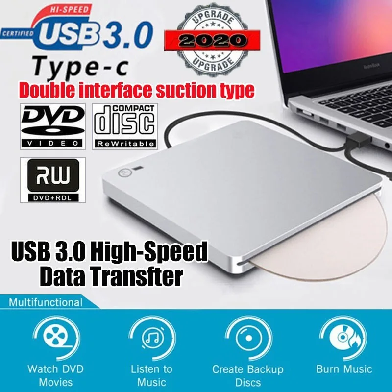 External DVD Burner Drive USB 3.0/Type-C Optical Drive Slim Slot-in CD/DVD+/-RW Burner Player USB C Superdrive for Mac/ Window