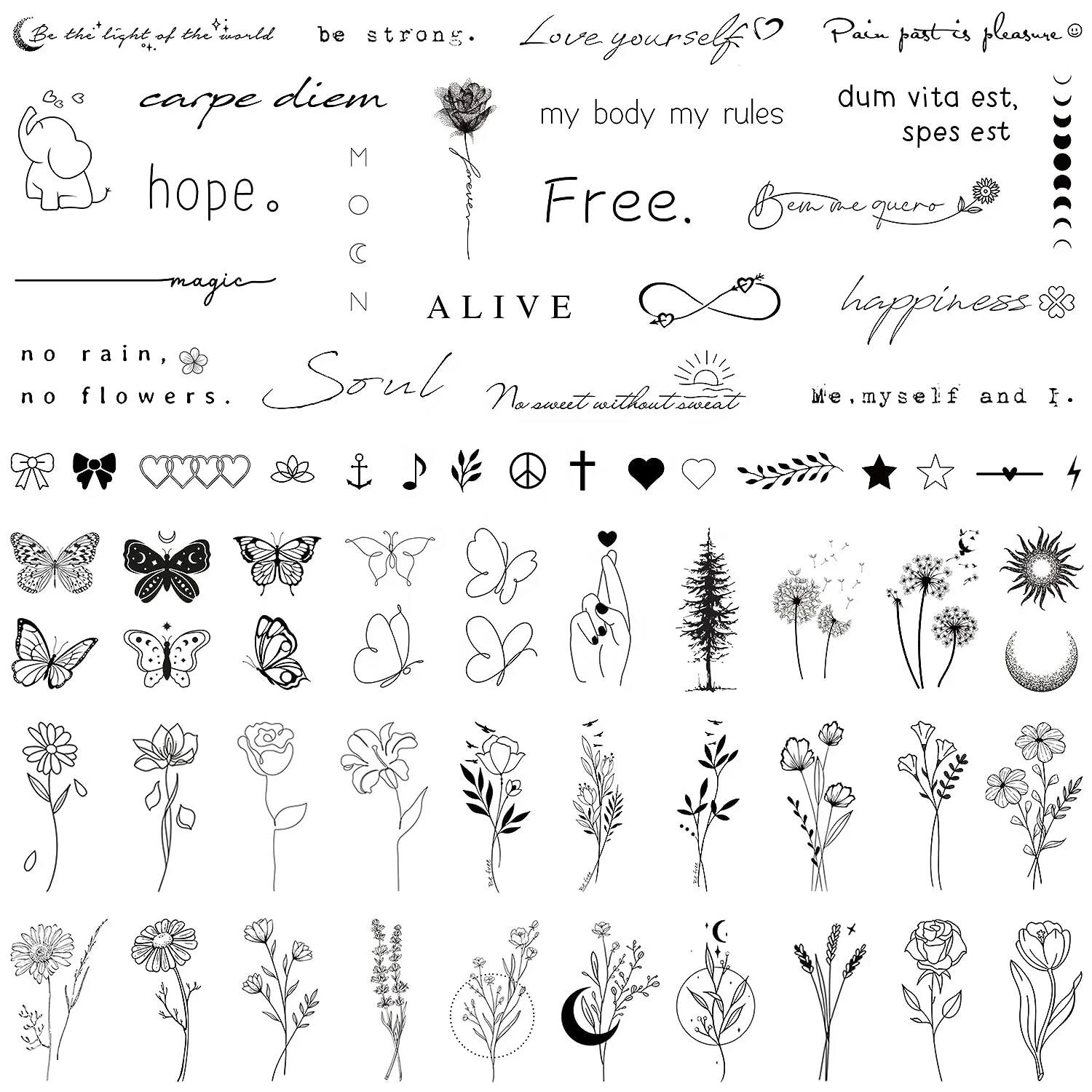 Remove adult tattoos,185 pieces of minimalist waterproof inspirational wildflower bouquet adult tattoo stickers