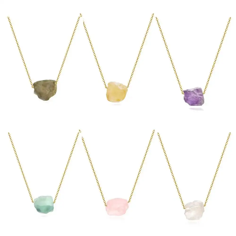 PJ-C456 Raw Birthstone Necklace , Layering Dainty Stone Pendant Healing Crystal Necklace stainless steel chain