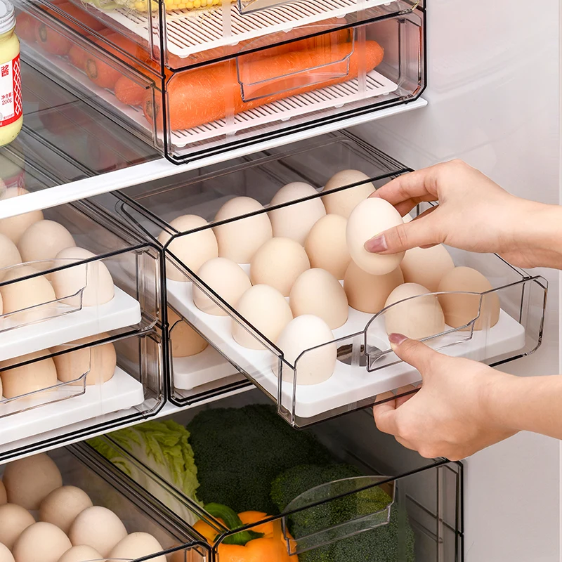 32 Grid Kitchen Stackable Pull Out Bins Holder fridge Organizer Double Layers Container Refrigerator Egg Storage Box Drawer