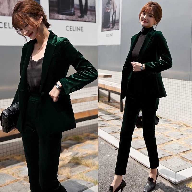 New Fashion Green Velvet Blazer Pants With Belt in Stock Women Suits Business Suits As Size Chart Wedding Party/ Business V-neck