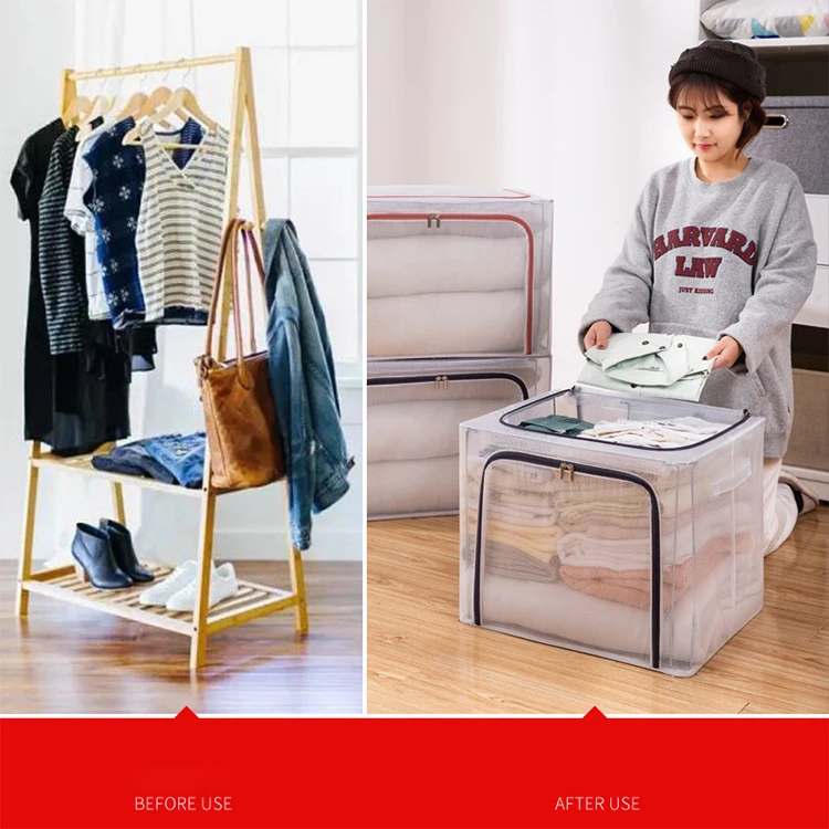 Washable Storage Bins Large Clear Clothing Storage Box Closet Organizer Storage With Steel Frame