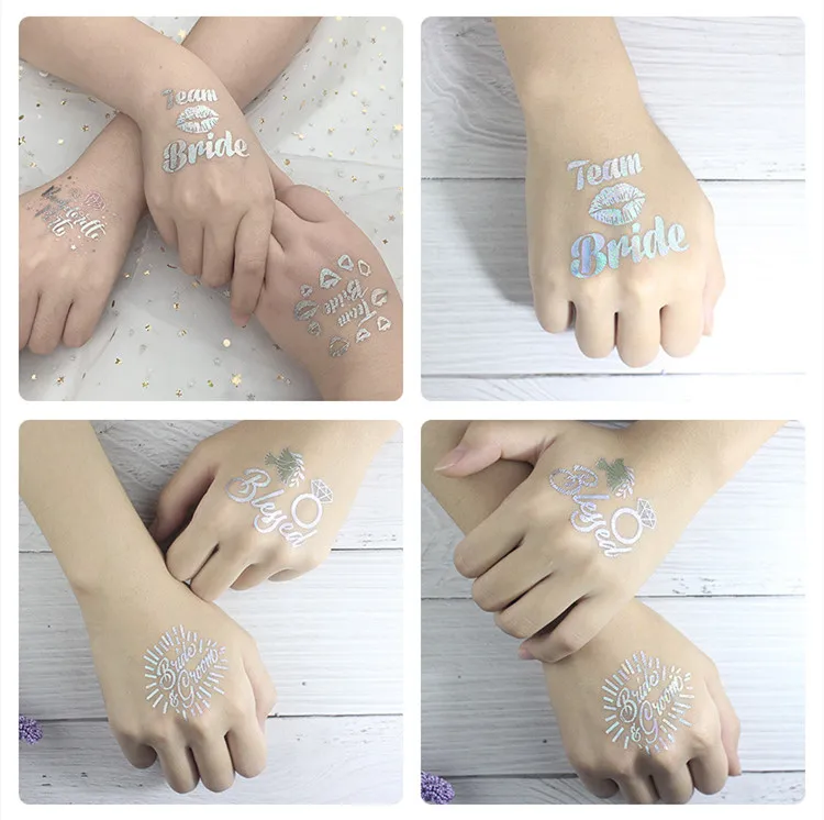 Custom Rainbow Silver Iridescnet Temporary Water Transfer Team Bride Party Tattoo Sticker
