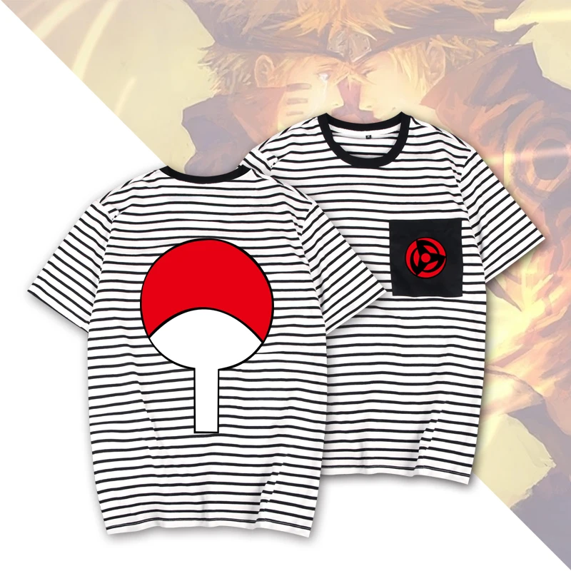 
Naruto T-shirt Uchiha Sasuke Itachi tide writing round eyes kaleidoscope round neck striped short-sleeved shirt T-shirt men and 