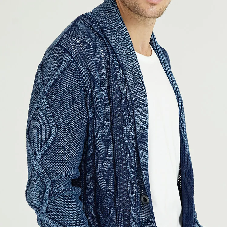 American Style OEM Custom Cable Cotton Viscose Distressed Cardigan Knitted Sweater Shawl Collar Long Thick Winter Coats Clothes