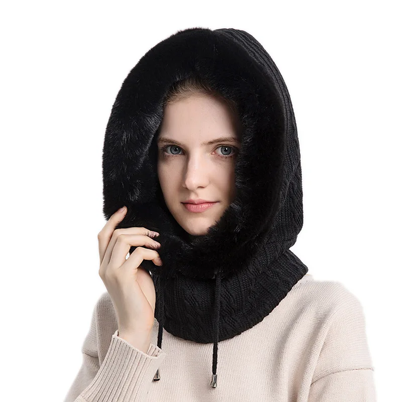 Winter Windproof Hood Ski Balaclava Scarf Mask Fleece Lined Knit Beanie Hat with Drawstring