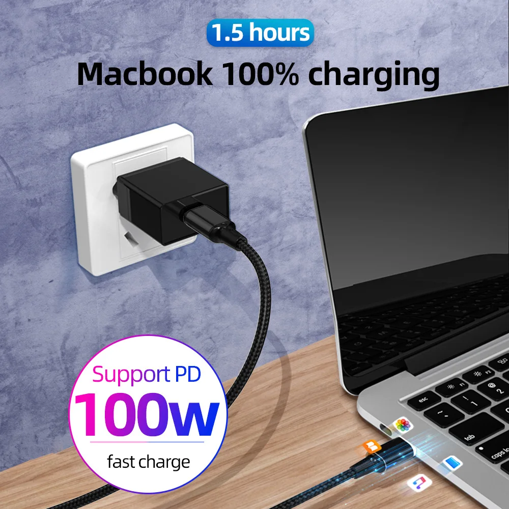 Portable Nylon Braided Cord 5A 100W Fast Charging Reversible Magnetic USB Type C to USB C Cable 1.8m 6FT Adapter for MacBook Pro