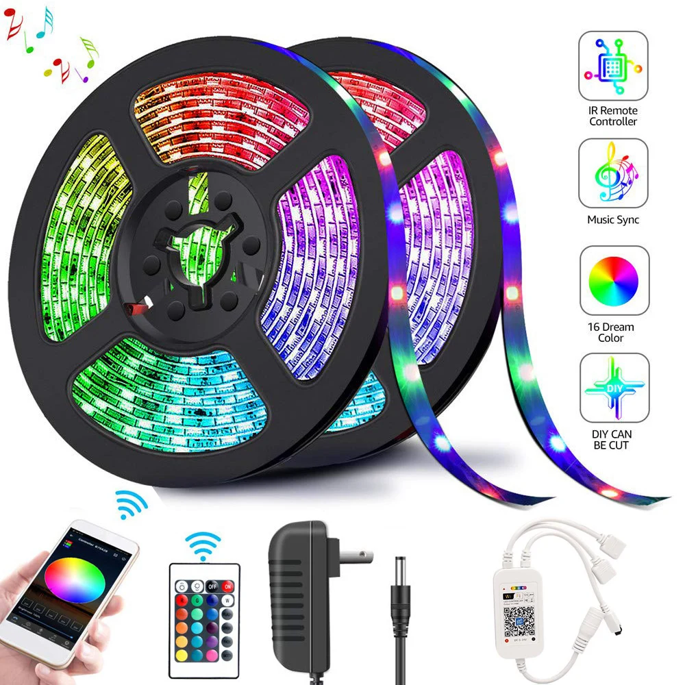 
10M long smart wifi led strip light set with 24keys IR control 12V 30led/m 5050 rgb led strip compatible with google alexa voice 