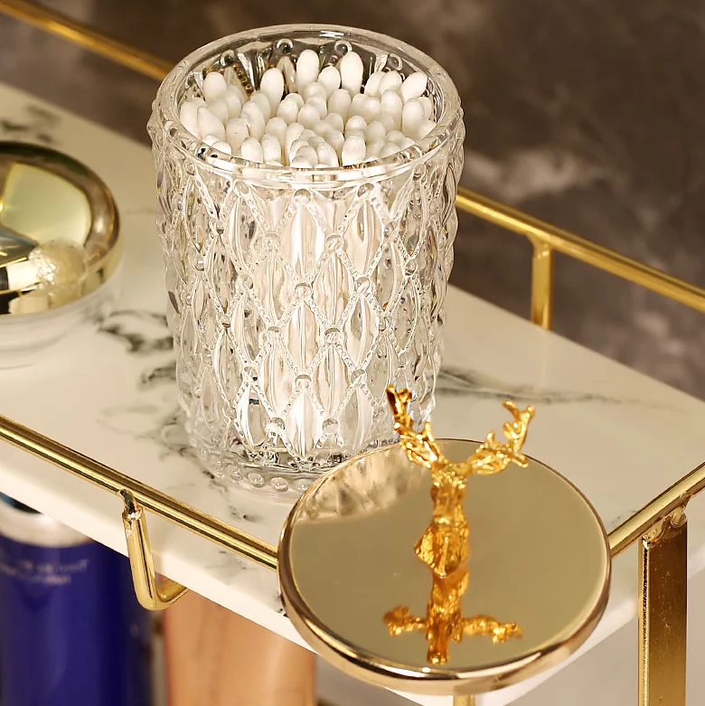 Golden Deer Head Decoration Storage Tank Relief Crystal Glass Toothpick Jar