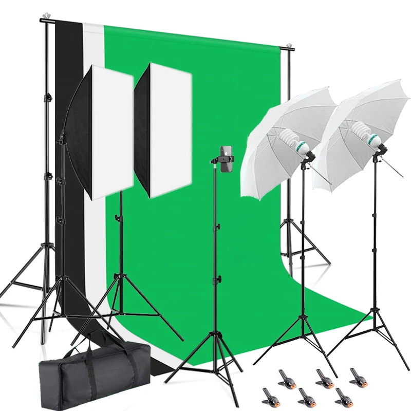 2*3M Black White Green Backdrop Background Stand Photo Video Light Bulbs Umbrella Photography Set Live Streaming
