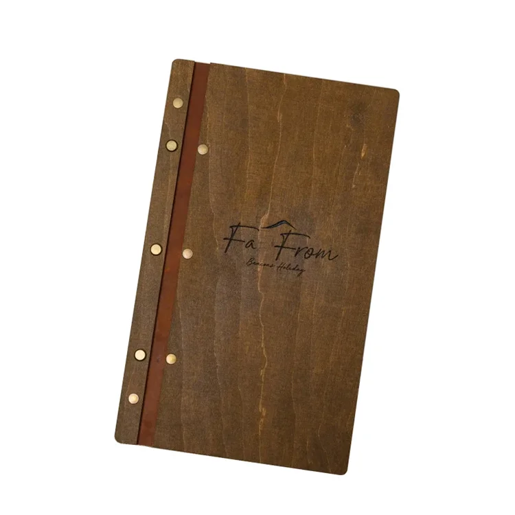 Customized Luxury Leather Strap Bamboo Wooden Cover Notebook Menu File Folder for Restaurant Hotel Wine Bar