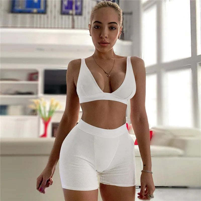 Custom high waist blank brand fitness ribbed brand bra biker shorts lounge wear sets plus size crochet outfit for women