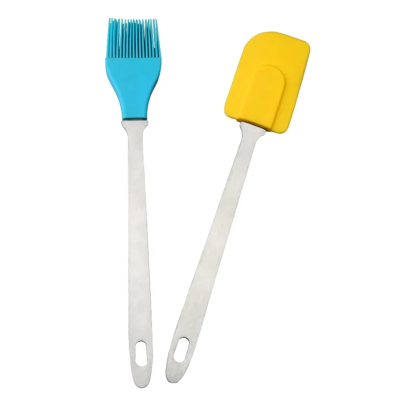 Hot sale stainless steel handle food grade non stick silicone kitchen spatula brush set