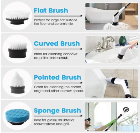 Electric Spin Scrubber 7 in 1, Shower Cordless Cleaning Brush with Extension Handle, Suitable for Cleaning Tile