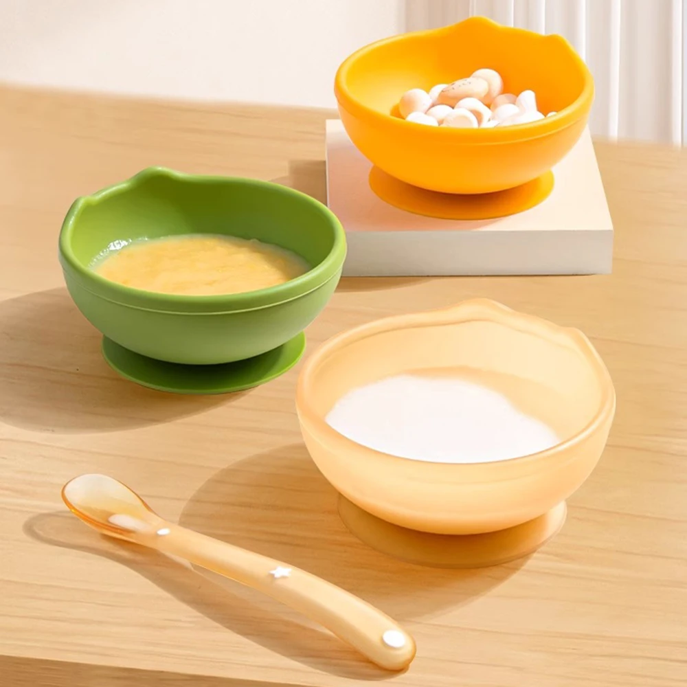 Kids Food Baby Toddler Infant Feeding Bowls Soft Tip Silicone Spoon Set Bpa Free Stay Put Natural Bamboo Suction Bowl