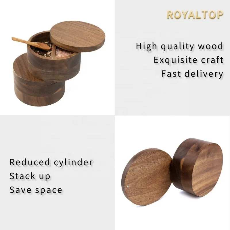 Spice Condiment Holder Wooden Spice Box 2 Compartment Salt and Pepper Cellar Wood Spice Bowls With Lid & Spoon
